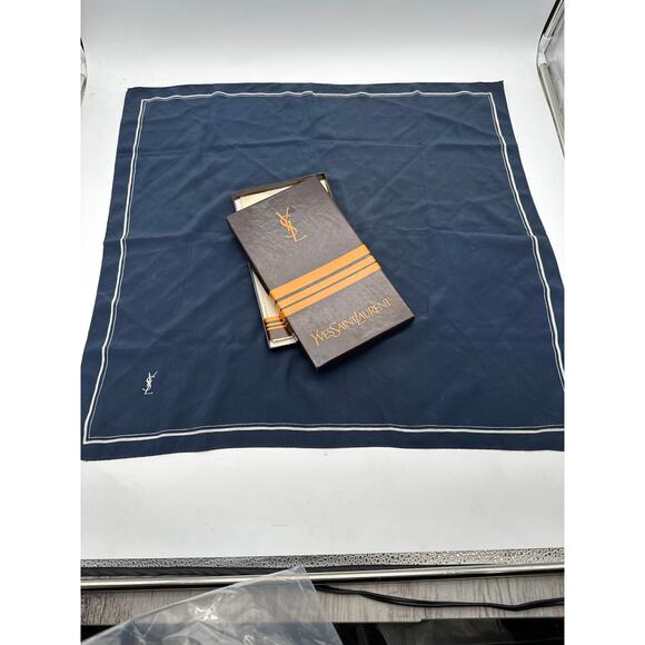 YSL yves st laurent silk Navy Logo scarf vintage box Minimalist boarder square - Picture 2 of 11